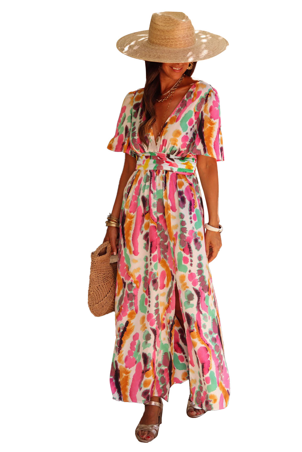 Pink Boho Tie Dye Print V Neck Side Split Maxi Dress - Eloy Royal