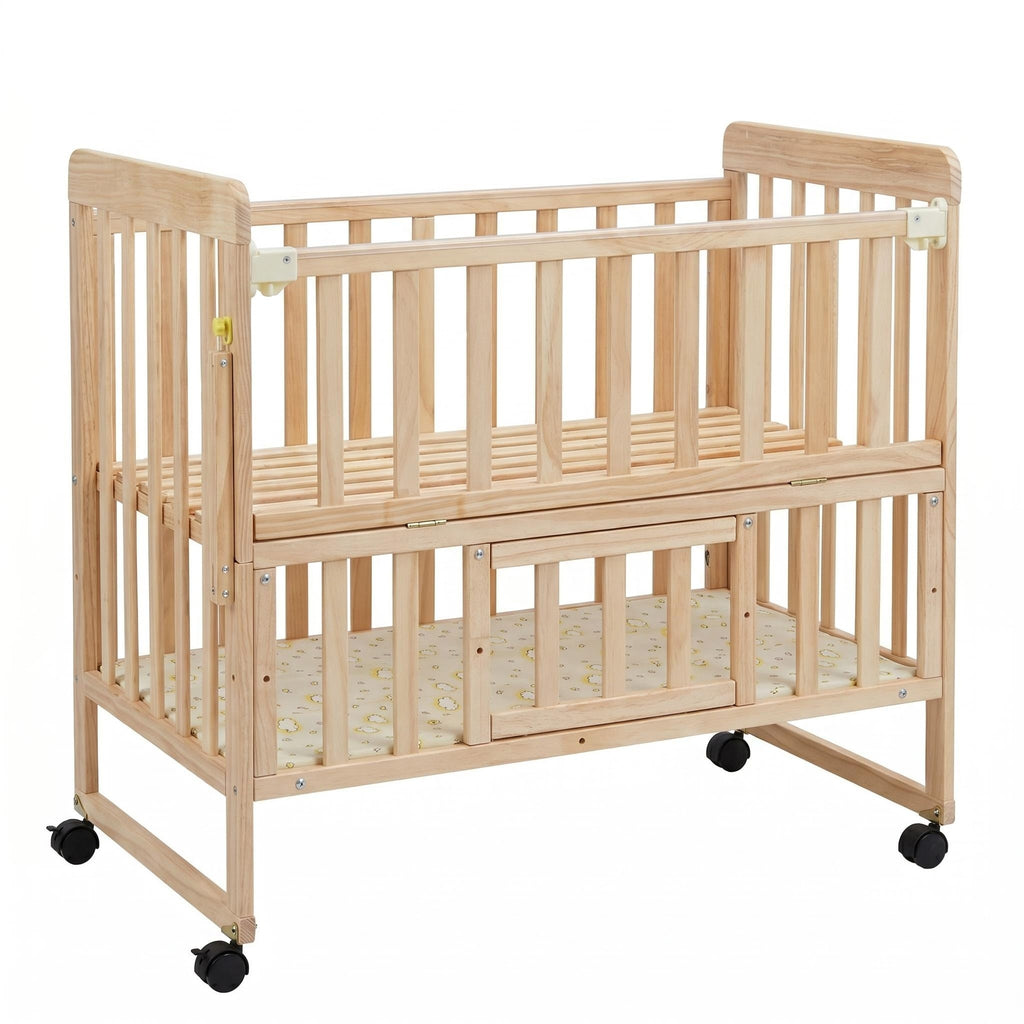 Portable Mini Baby Crib 5-in-1 Convertible with Foldable Storage, Natural Wood Pine Bedside Sleeper for 0-36M