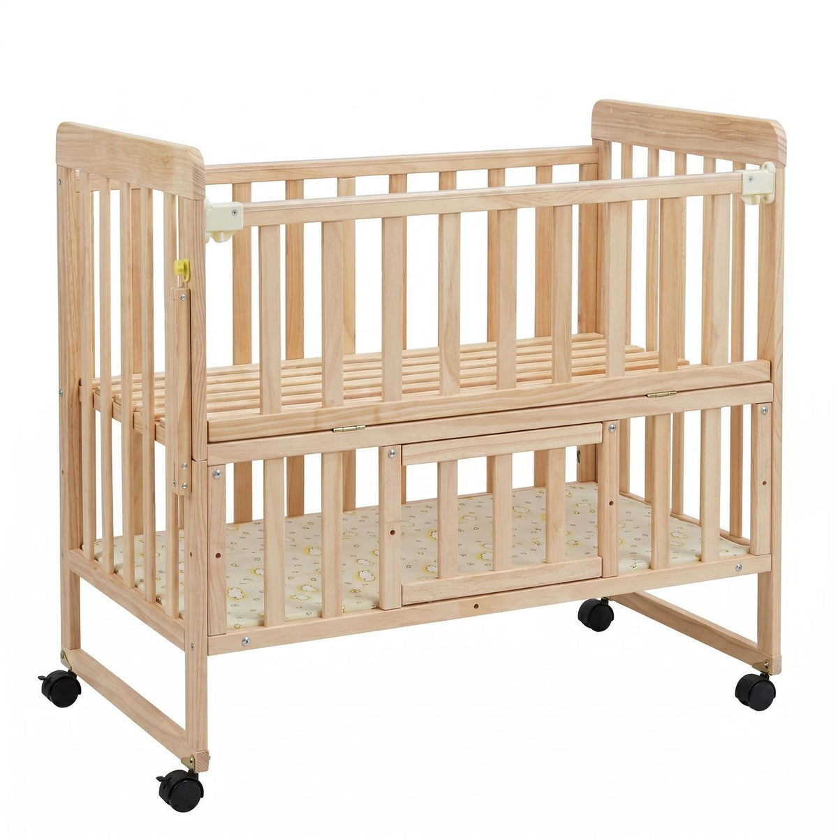 Portable Mini Baby Crib 5-in-1 Convertible with Foldable Storage, Natural Wood Pine Bedside Sleeper for 0-36M