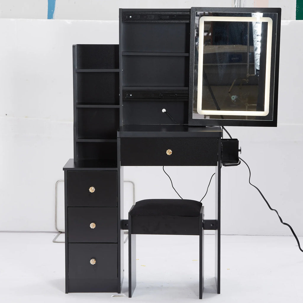 29.2' Small Size Left Bedside Cabinet Vanity Table + Cushioned Stool, 2 AC+2 USB Power Station, Hair dryer bracket, Extra Large Touch Control Sliding LED Mirror, Tri-color Switching, Brightness Adjust - Eloy Royal