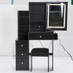 29.2' Small Size Left Bedside Cabinet Vanity Table + Cushioned Stool, 2 AC+2 USB Power Station, Hair dryer bracket, Extra Large Touch Control Sliding LED Mirror, Tri-color Switching, Brightness Adjust - Eloy Royal