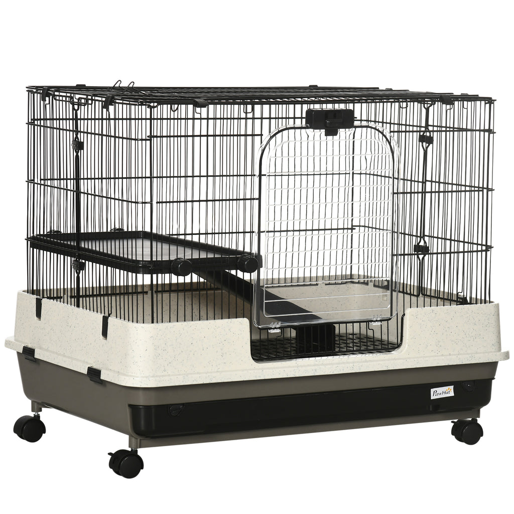 PawHut 26' Small Animal Cage with Wheels, 2-Level Portable Bunny Cage, Chinchilla Ferret Cage with Removable Tray, Platform and Ramp