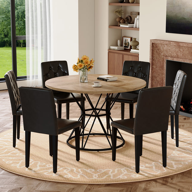Table and chair set. A circular wood MDF dining table with a diameter of 47.3 inches,black hourglass shaped metal brackets.Paired with 6 black PU dining chairs: ergonomic buckle backrest.