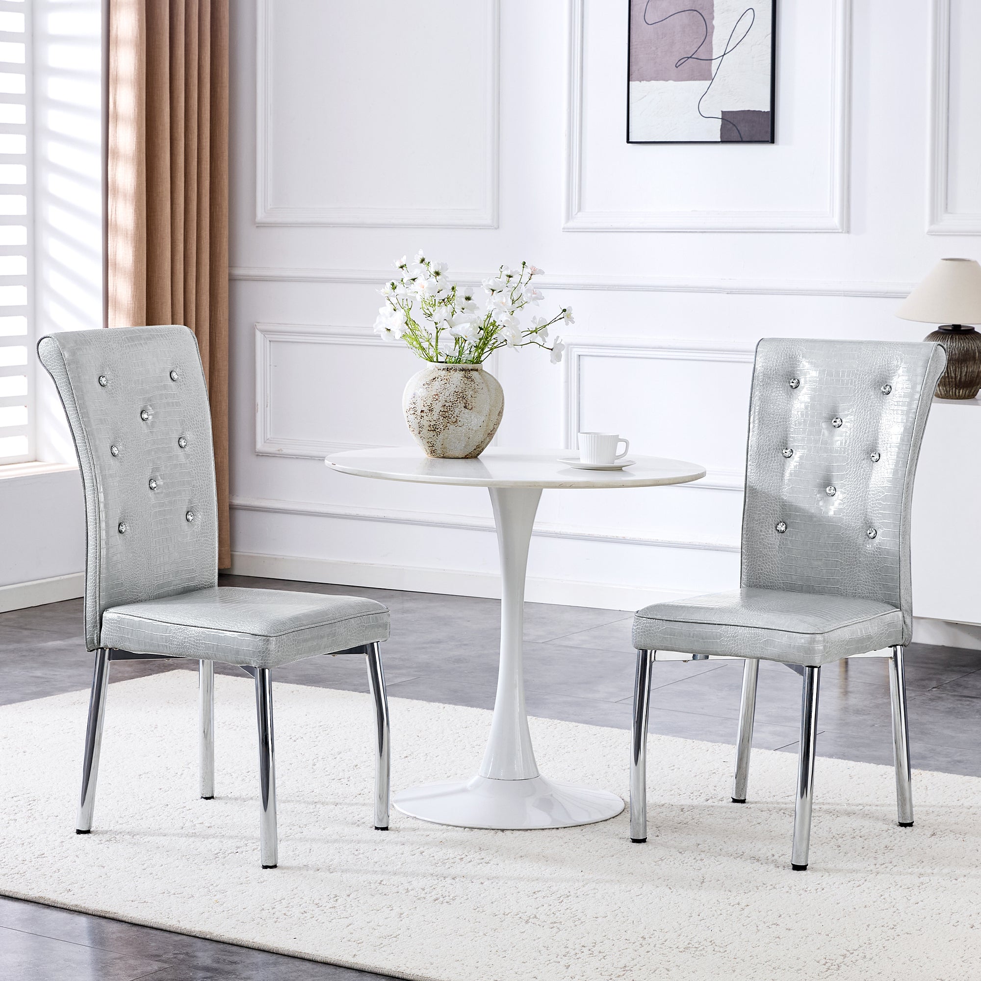 A set of 2 gray and silvery vintage crocodile leather cushioned dining chairs, featuring crystal clasp design and artificial leather design, adding a touch of elegance and mystery to the dining area