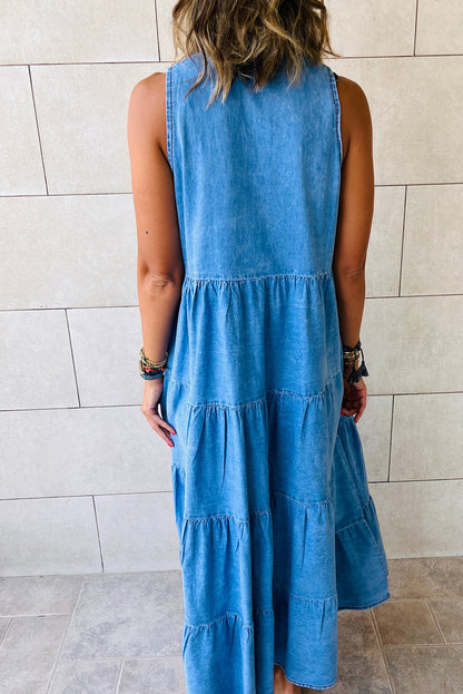 Real Teal Sleeveless Tiered Chambray Maxi Dress - Eloy Royal