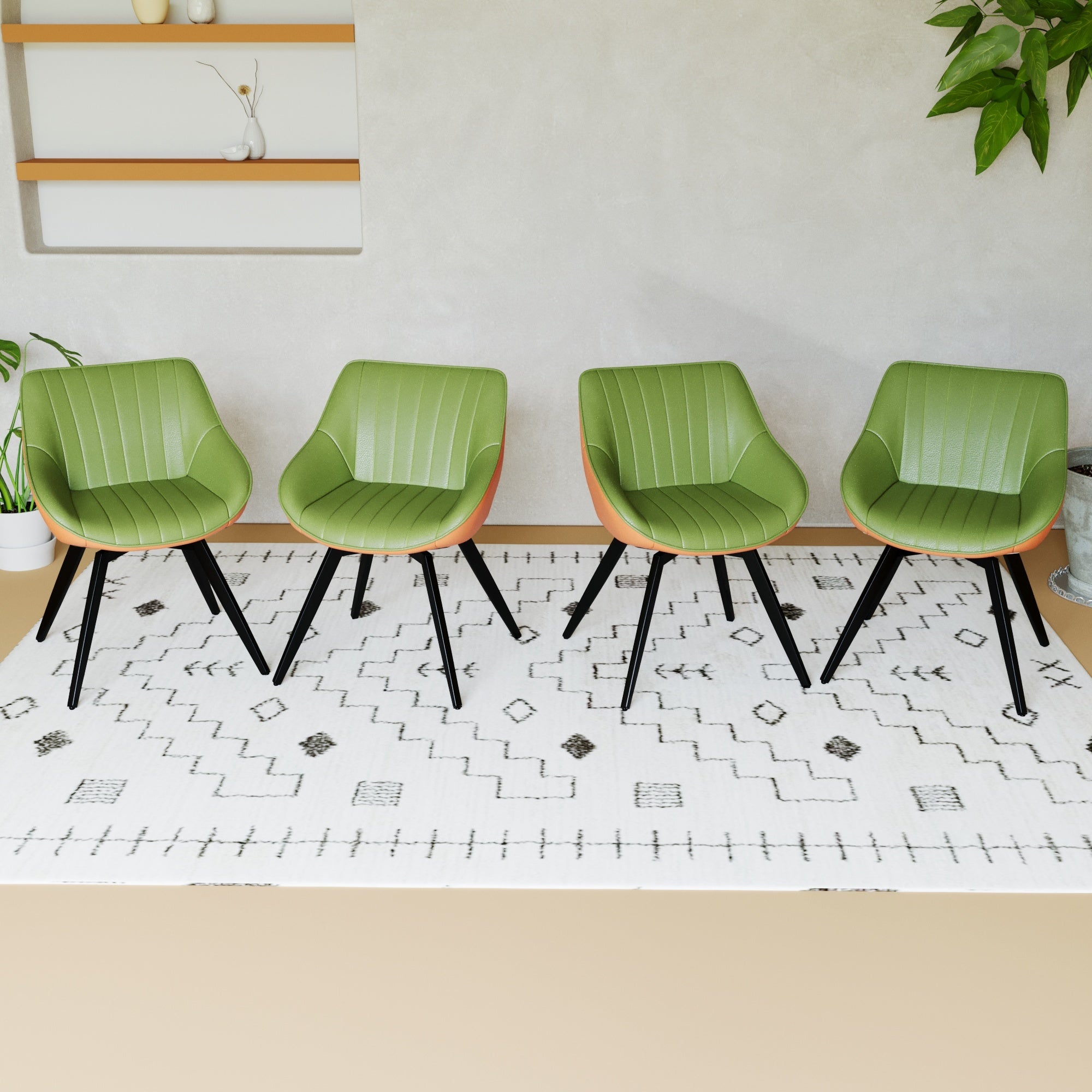 A set of 4 dining chairs, medieval modern kitchen dining chair, PU decorative chairs with black metal legs, suitable for home&kitchen  (Green and Orange)