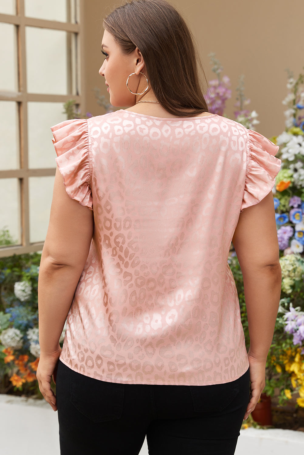 Pink Plus Size Leopard Print Ruffled Flutter Sleeve Satin Blouse - Eloy Royal