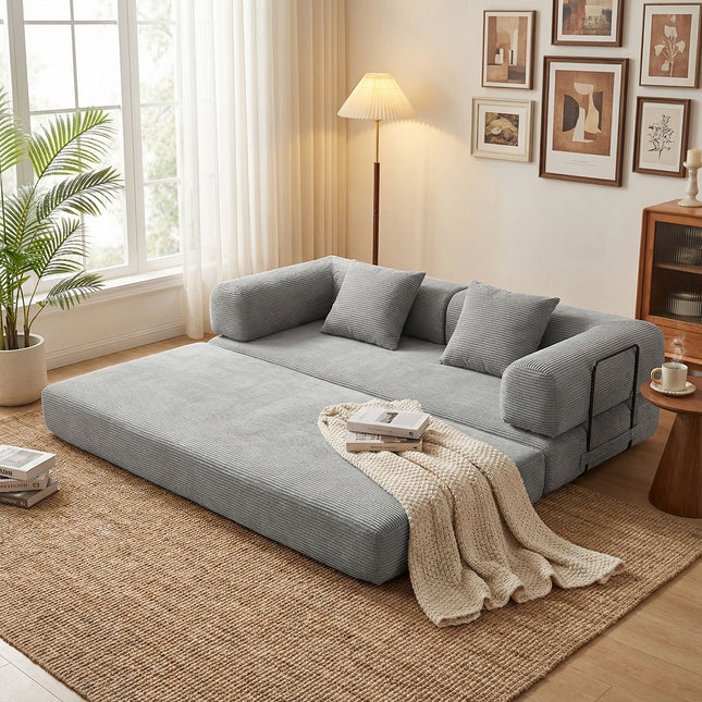 Convertible Sleeper Sofa Bed, 3-Seater Fold-Out Couch with Mattress, Grey Velvet Upholstery, Space-Saving Pull-Out Bed for Small Apartment, Living Room, Guest Room