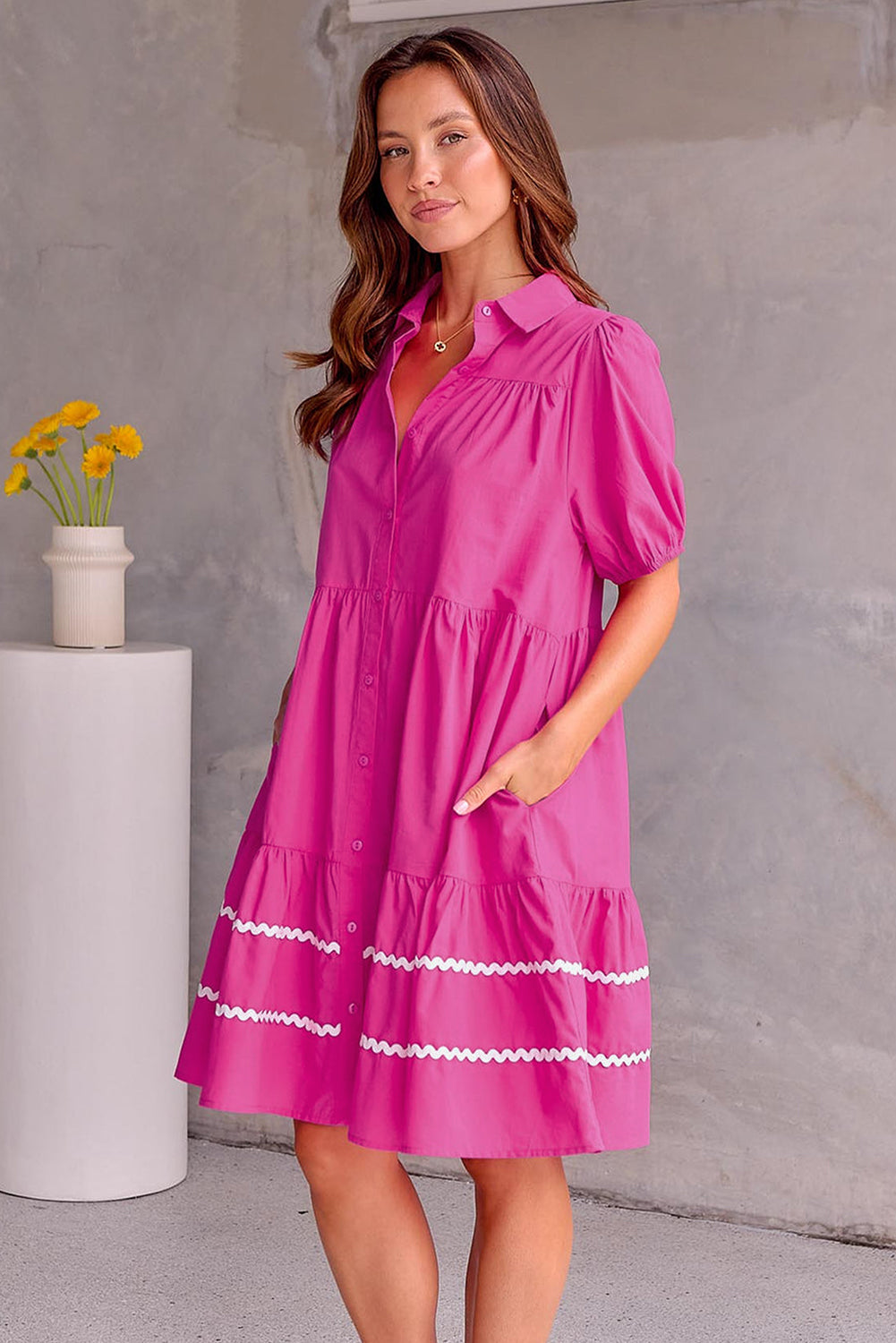 Rose Red Puff Sleeve Wavy Striped Shirt Dress - Eloy Royal