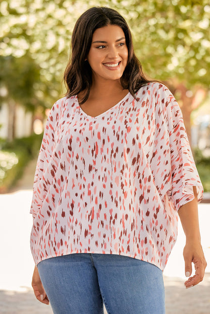 Pink Elegant Polka Dots 3/4 Dolman Sleeve Plus Size Blouse - Eloy Royal