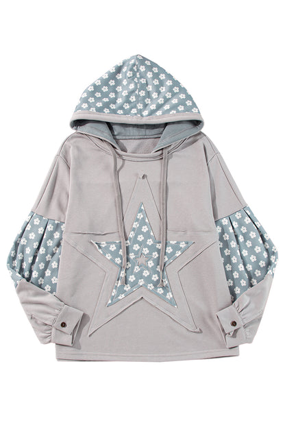 Beau Blue Floral Patchwork Star Pattern Drawstring Hoodie