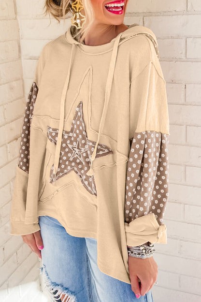 Beau Blue Floral Patchwork Star Pattern Drawstring Hoodie