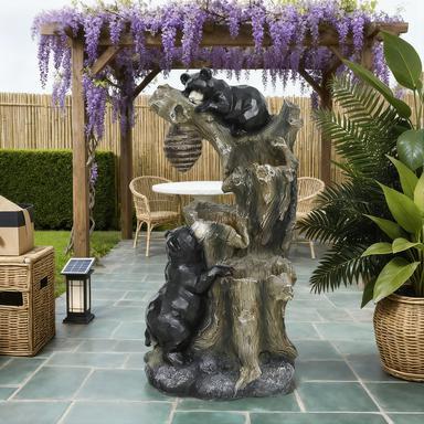 Outdoor Fountain, 3-Tier Resin Resin Bears and Honey Beehive Outdoor Waterfall Fountain with LED Lights, Pump