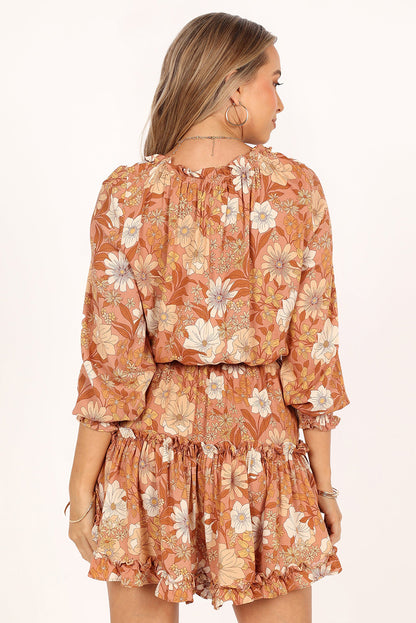 Camel Lace up Split Neck Tunic Floral Dress - Eloy Royal