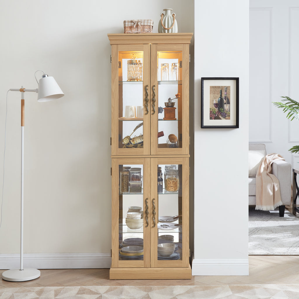 Lighted Glass Curio Display Cabinet,Display Cabinet,Glass Storage Cabinet Glass Wine cabinet Wood Frame Toy Display for Living Room, Kitchen, Pantry light bulb included Light oak