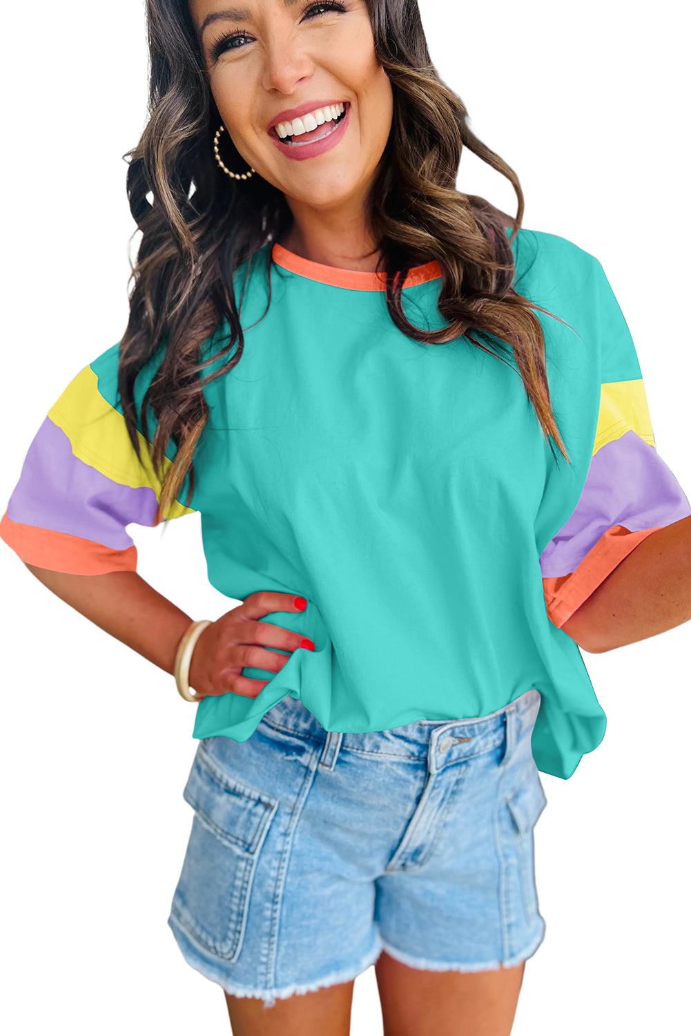 Green Color Block Sleeve Round Neck Oversize Top - Eloy Royal