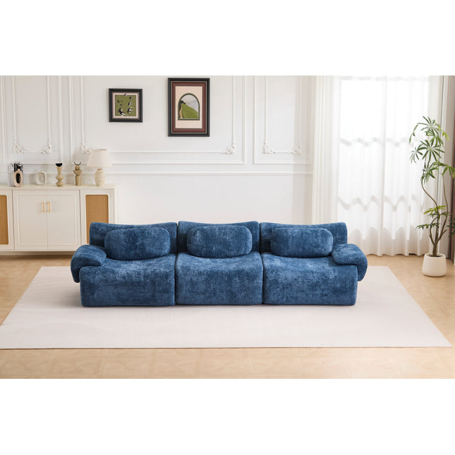Compression Wave Sofa, Convertible Floor Sofa Bed, DIY Boneless Modular Sectional Sofa, No Assembly Required, Faux Rabbit Velvet Fabric, 1 Side Seat, 1 Middle Section,Seat,Blue.