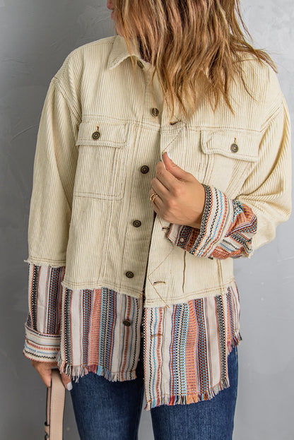 Wholesale Beige Button Up Pockets Striped Color Block Corduroy Jacket - Eloy Royal