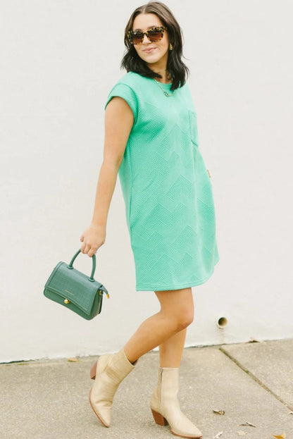 Mint Green Plain Textured Pocketed Mini Dress - Eloy Royal