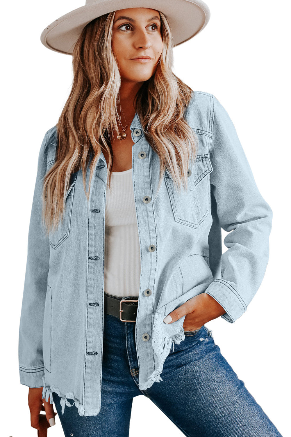 Wholesale Light Blue Flap Pocket Buttoned Raw Hem Denim Shacket - Eloy Royal