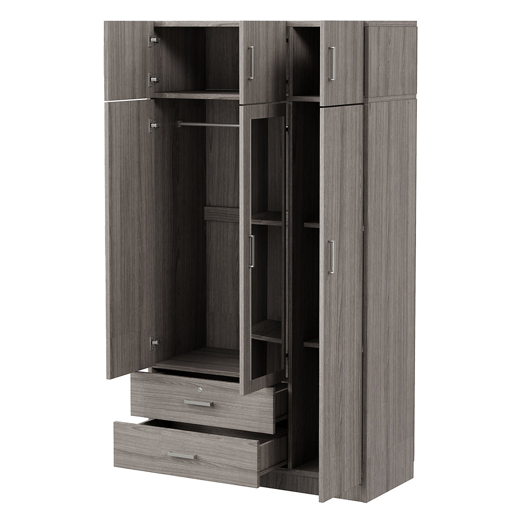 Modern Gray 3-Door Mirror Wardrobe with 2 Drawers and Top Cabinet, Particle Board