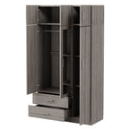 Modern Gray 3-Door Mirror Wardrobe with 2 Drawers and Top Cabinet, Particle Board