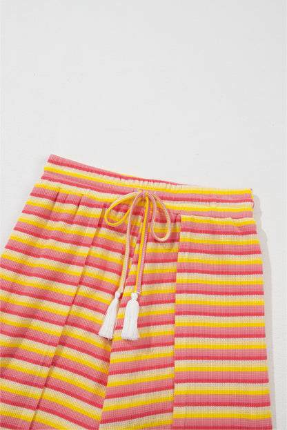 Pink Stripe Rainbow Tee and Tassel Drawstring Wide Leg Pants Set - Eloy Royal