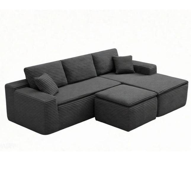 106.5' L-Shaped Corduroy Upholstered 3-Seat Lounge Sofa with Seat Cushion&Ottoman, Right Hand Facing