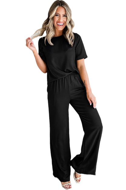 Smoke Gray Solid Color T-Shirt and Wide Leg Pants Set - Eloy Royal