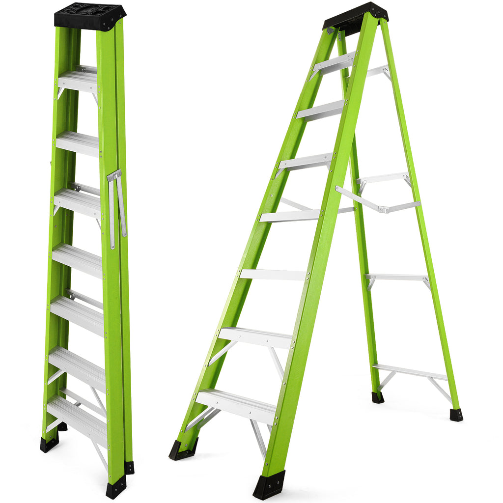 Fiberglass ladder, with a load capacity of 330 pounds, equipped with a tool tray, 7 steps, green