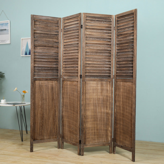 Light Brown 4 Panel Foldable Room Divider, Rustic Wood Window Shutter Style Room Divider