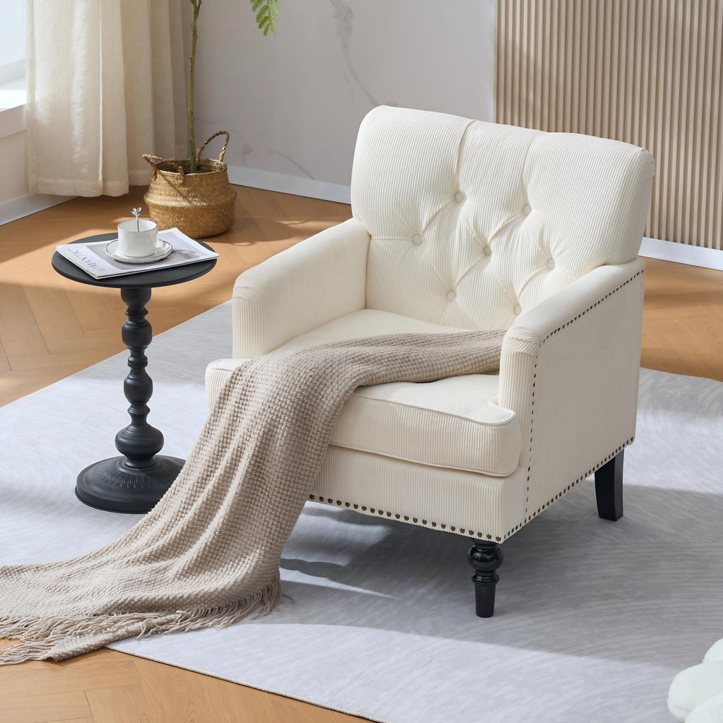 H & M Tufted Club Chair, Accent Chair with Lumbar Pillow, Upholstered Button Armchair, Linen Fabric Sofa Chairs for Bedroom, Living Room, Mid Century Modern with Studded Reading Chair Beige