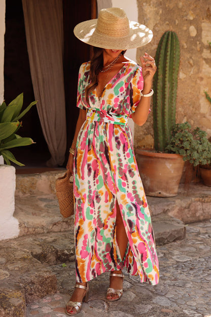 Pink Boho Tie Dye Print V Neck Side Split Maxi Dress - Eloy Royal