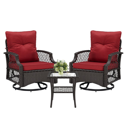 3-Piece Patio Furniture Set, Wicker Outdoor Bistro Set Swivel Glider Patio Chairs x 2 with Cushions, Side Table x 1, High Back All-Weather Rattan Outdoor Furniture for Porch, Backyard