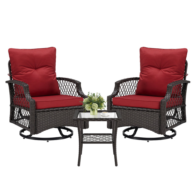 3-Piece Patio Furniture Set, Wicker Outdoor Bistro Set Swivel Glider Patio Chairs x 2 with Cushions, Side Table x 1, High Back All-Weather Rattan Outdoor Furniture for Porch, Backyard