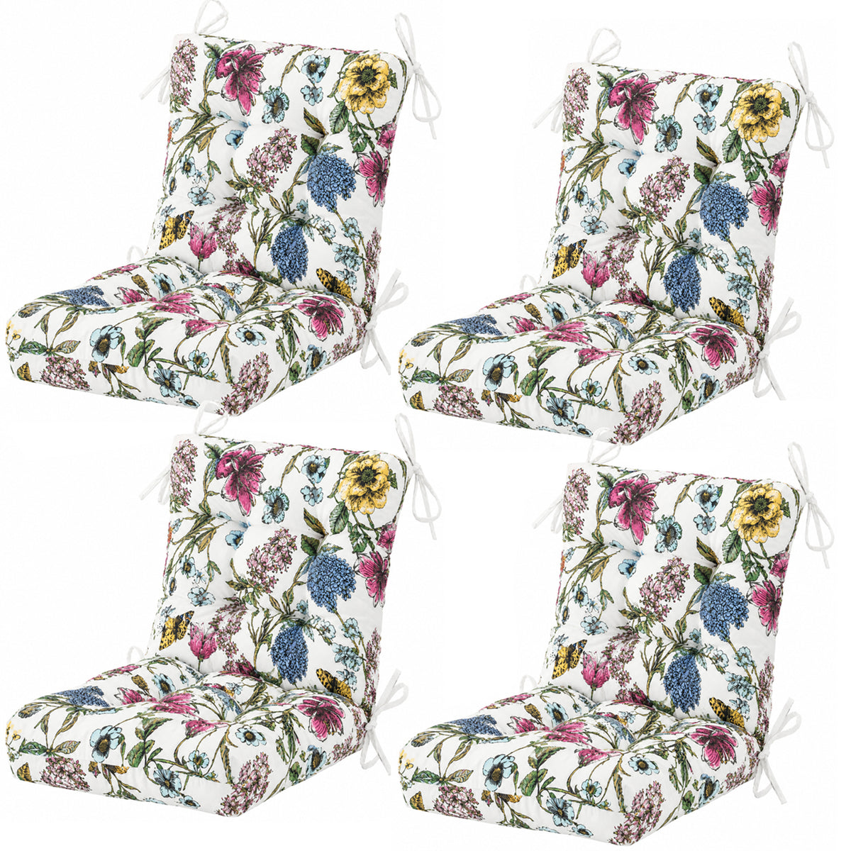 Outdoor Chair Cushions Set of 8, 19 x 19 x 4 Inch Tufted Seat Cushions with Ties, Waterproof Patio Chair Pads for Dining Chairs, Garden & Outdoor Furniture-Botanical Floral