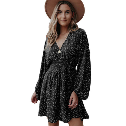 Polka Print Long Sleeve Dress V Neck Lantern Sleeve Pleated Waist Slim A-line Dress Women's Clothing