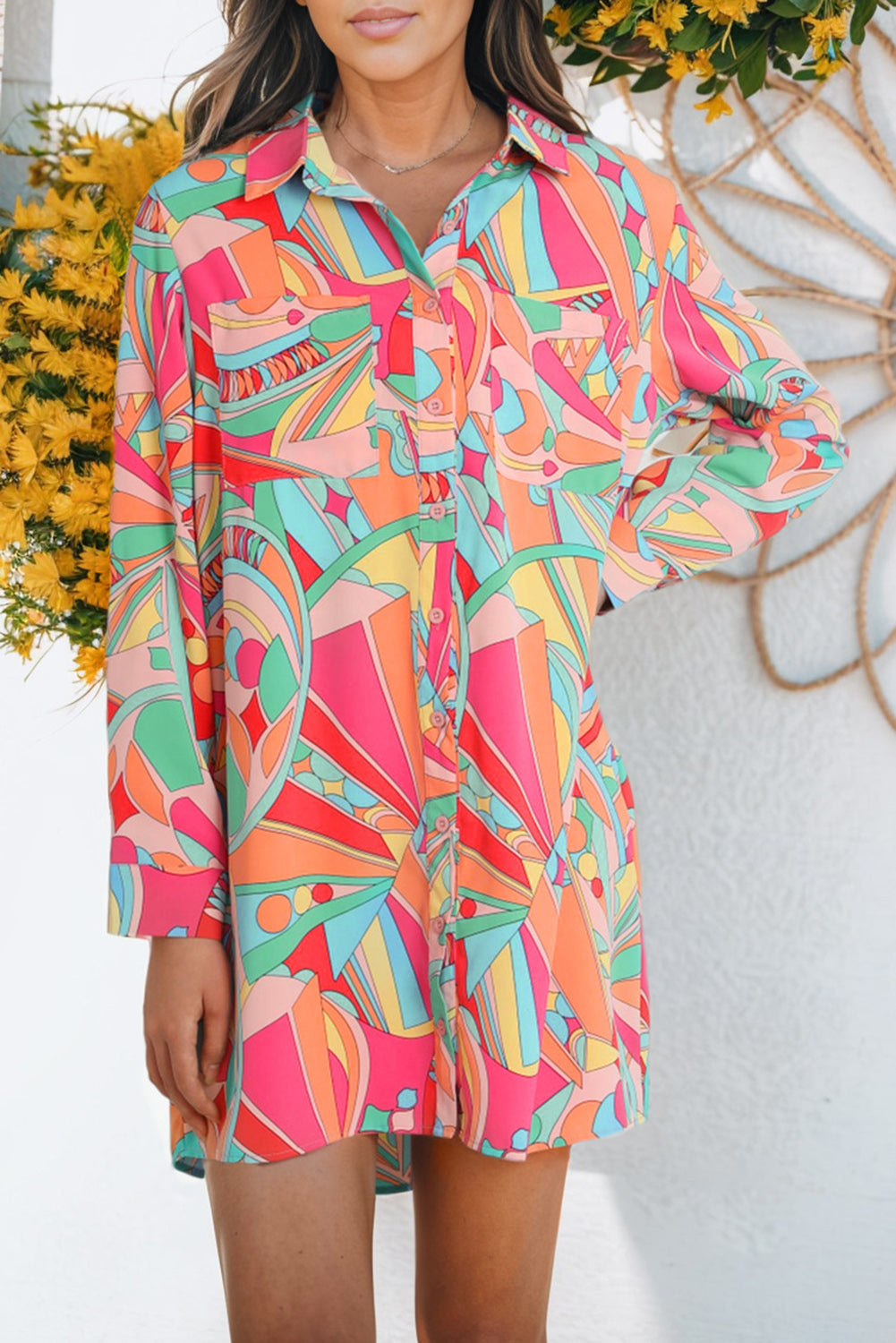 Multicolor Abstract Print Long Sleeve Shirt Dress - Eloy Royal