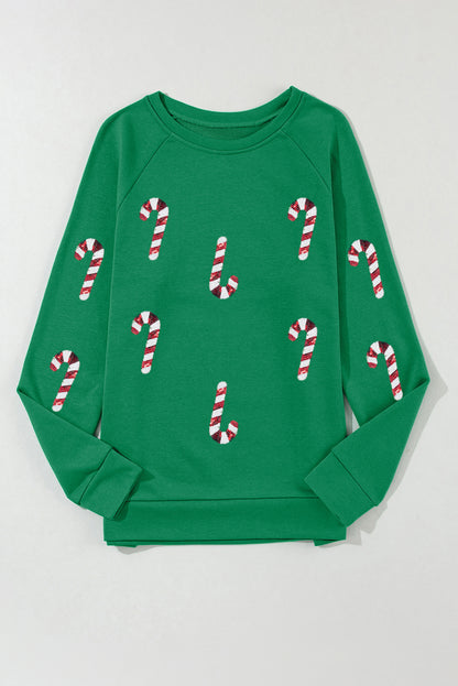 Green Sequin Christmas Candy Cane Graphic Pullover Sweatshirt