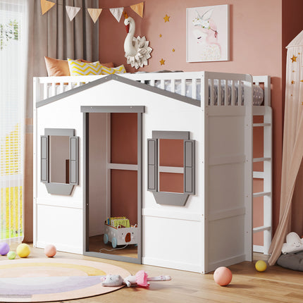Twin Size House Loft Bed With Ladder-White+Gray Frame(OLD SKU:LT000335AAM)