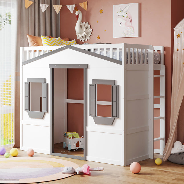 Twin Size House Loft Bed With Ladder-White+Gray Frame(OLD SKU:LT000335AAM)