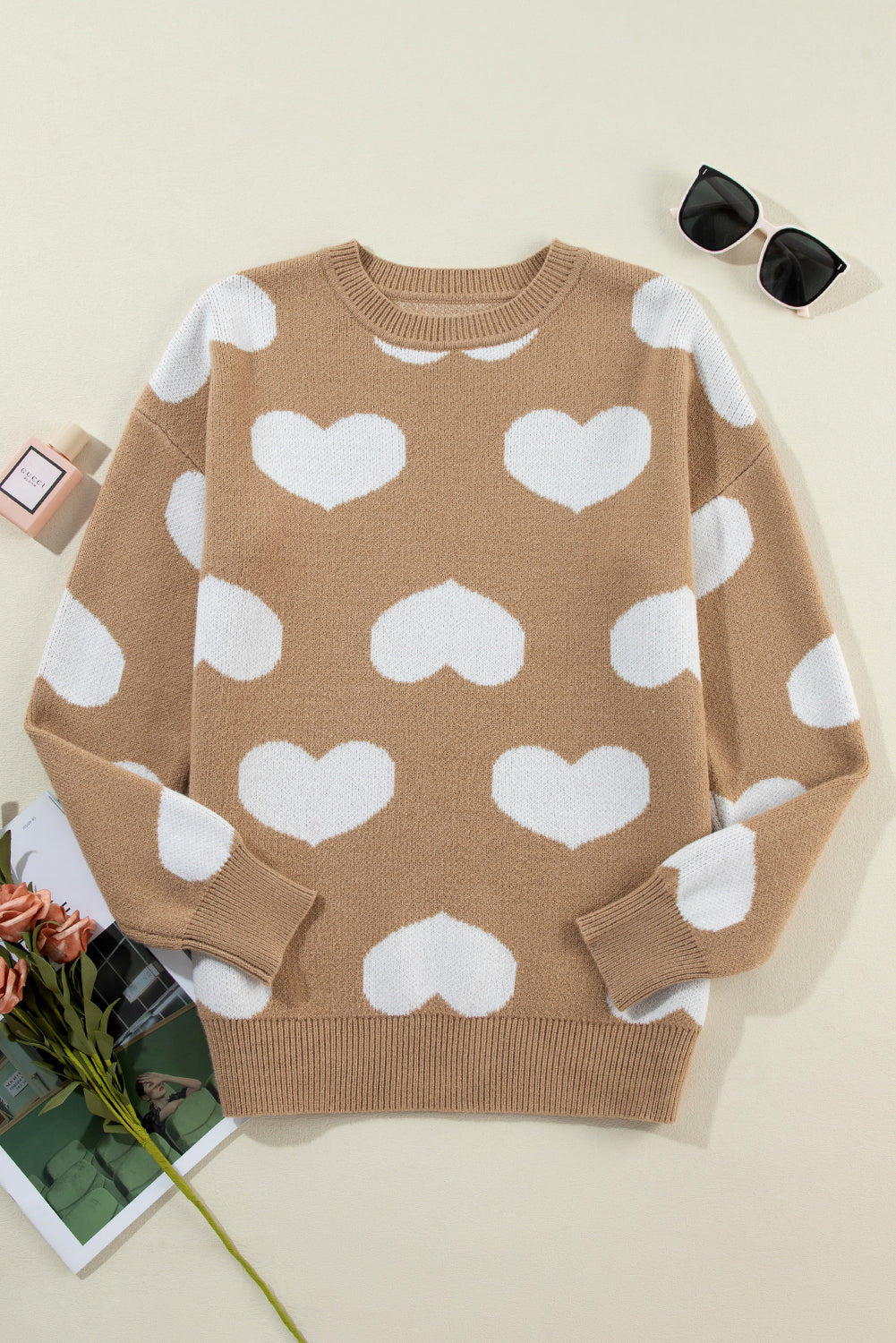 Khaki Heart Pattern Round Neck Sweater