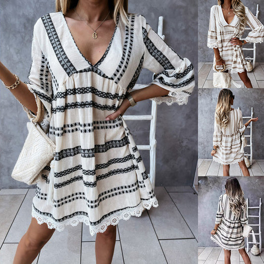 Long Sleeve Geometric Print Dress Fashion Loose Stitching V-neck Lace Cuff Dresses Womens Clothing