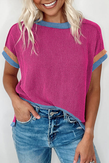 Bright Pink Textured Contrast Color Round Neck T Shirt - Eloy Royal