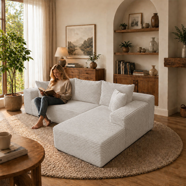 Modern Grey L-Shaped Sectional Sofa with Right-Facing Chaise Lounge, 3-Seater Corduroy Couch with Compressed Sponge Filling for Living Room, Apartment, or Office