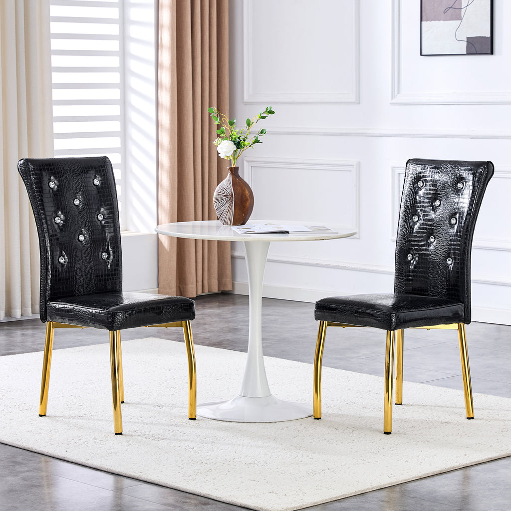 Set of 2,Retro alligator skin Upholstered dining chairs,with Crystal buckle design and Faux Leather design,a touch of elegance and mystery to the dining area.Gold plated metal feet