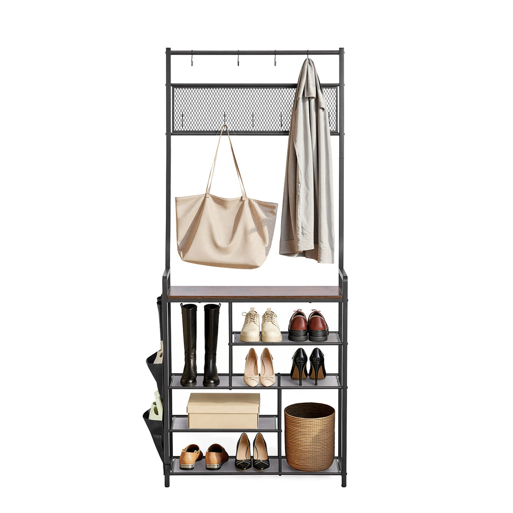 Hall Tree, 70.9 in Coat Rack with Shoe Storage, Freestanding 4-Tier Shoe Rack Organizer with Hooks, Side Pocket and Wire Shelf, Steel Frame Entrance Coat Holder for Entryway, Bedroom, Closet