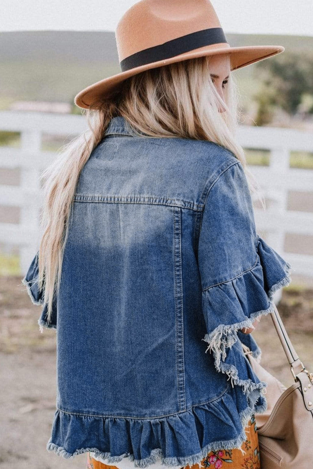 Peacock Blue Raw Edge Bell Short Sleeve Denim Jacket - Eloy Royal