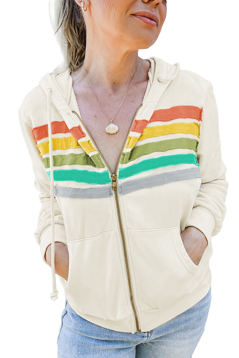 Apricot Colorblock Striped Patchwork Side Pockets Zipper Hoodie