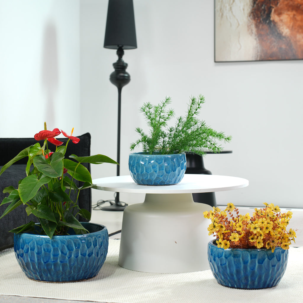Handmade Ceramic Planter Set of 3, 15'/12'/10' Diameter, Glossy Lake Blue Hammered Texture, for Succulents & Violets, Indoor/Outdoor Use on Windowsill & Bookshelf, Breathable Clay